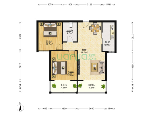 格林郡府B区 2室1厅1卫 93平方
