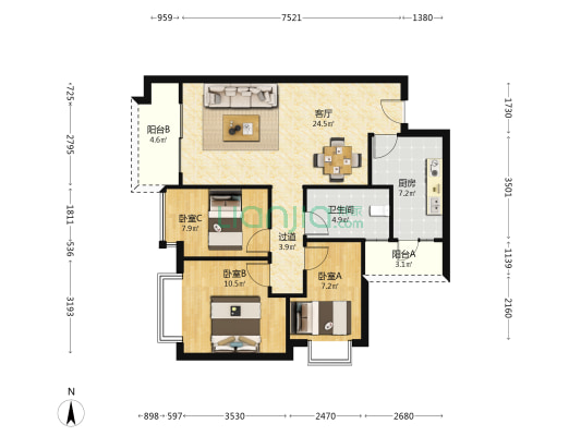 恒大云湖上郡御龙台3组团7.2期 3室1厅1卫 91平方