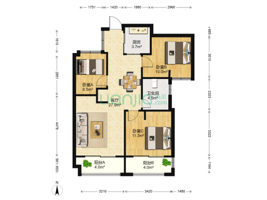 海域天境苑 3室1厅1卫 92平方