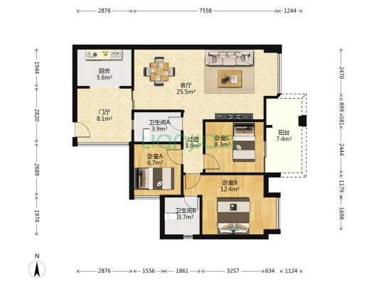 大地国际花园 3室1厅2卫 93平方