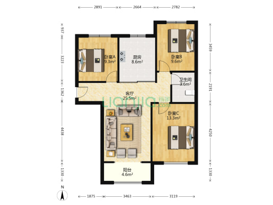 房子马上满5了。税费低。南北通透三居精装修-户型图
