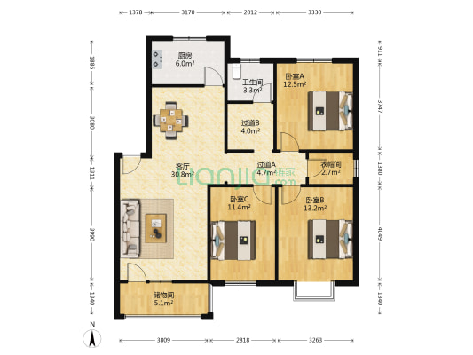 盛世名城桂竹苑 3室1厅1卫 108平方