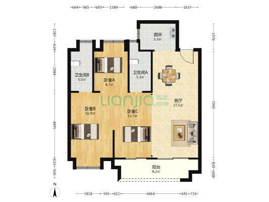 清能熙悦台 3室1厅2卫 109平方