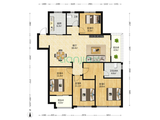 金地悦峯里 4室1厅2卫 134平方