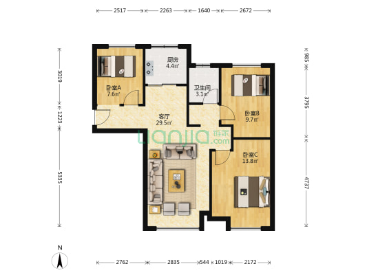 证大大拇指广场 3室1厅1卫 89平方