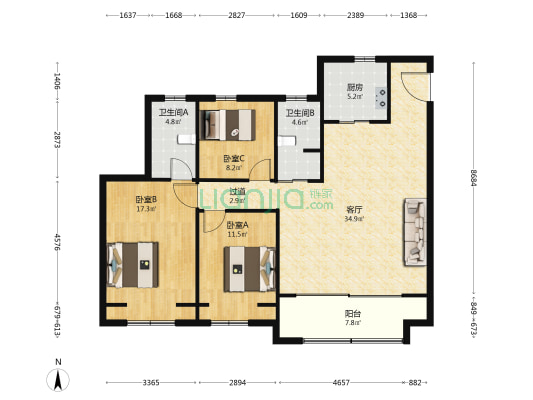 石榴运河首府三期 3室1厅2卫 131平方