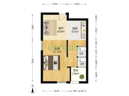 碧水天和C区 1室1厅2卫 52平方