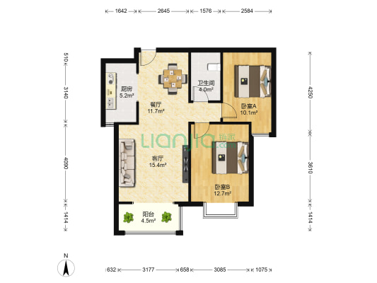 天河悦城 2室2厅1卫 88平方