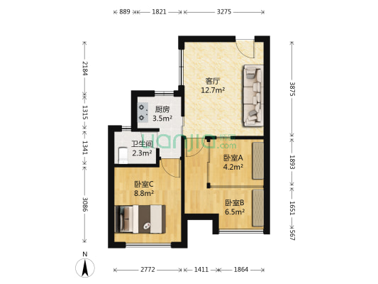 美丽湾国际公寓 3室1厅1卫 42平方