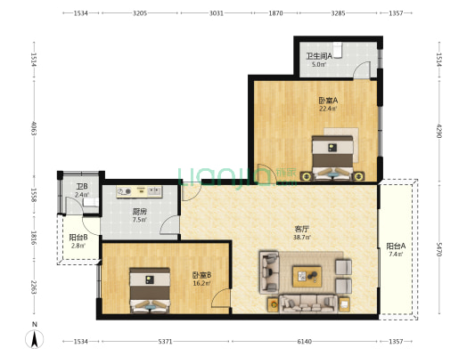 民泰花园 2室1厅2卫 188平方