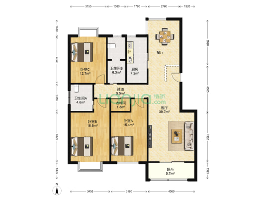 旺园小区 3室1厅2卫 150平方