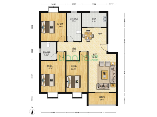 托龙山安置住宅C区 3室1厅2卫 129平方