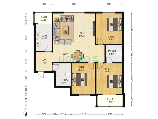 建北花园 3室1厅2卫 143平方