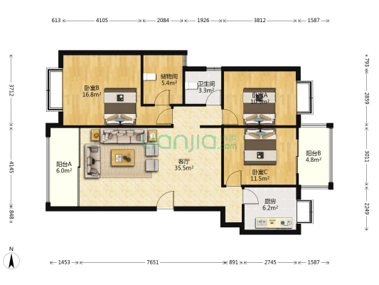 银河星辰花园 3室1厅1卫 118平方