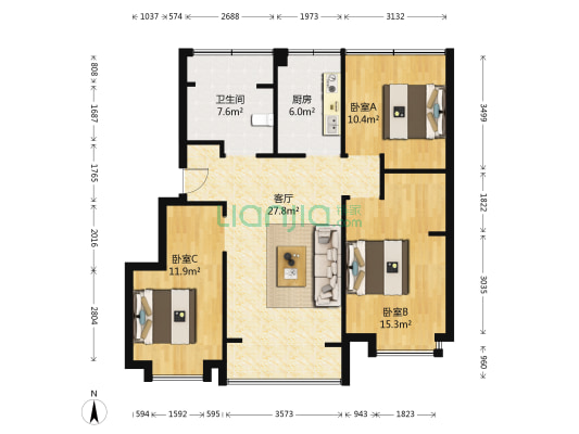天悦风华 3室1厅1卫 105平方