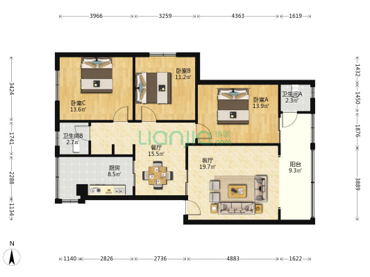 学园路14号 3室2厅2卫 116平方