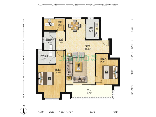 花间苑 3室1厅2卫 106平方