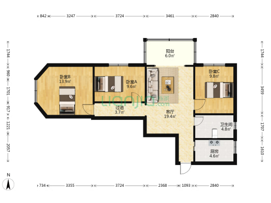 煤炭公寓 3室1厅1卫 86平方