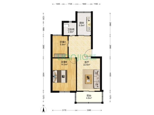 环城北路66号 2室1厅1卫 65平方
