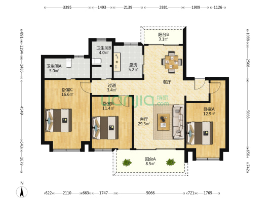 柳岸春风 3室1厅2卫 128平方