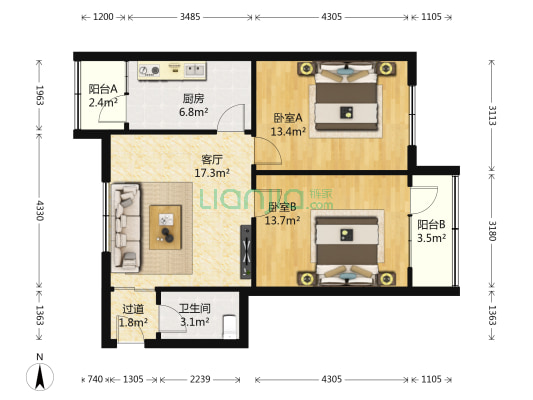 香港中路155号 2室1厅1卫 79平方