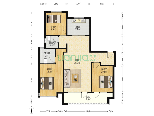 新华万科翡翠观海 3室1厅2卫 120平方