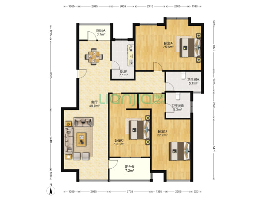 国泰现代城 3室1厅2卫 160平方