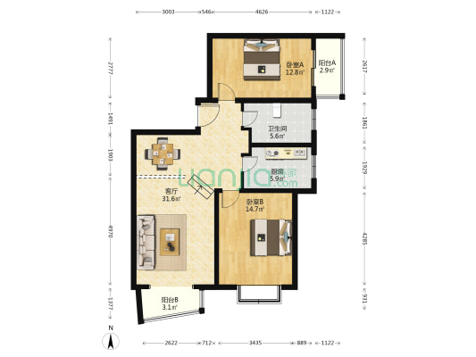 迎宾花园 2室1厅1卫 112平方