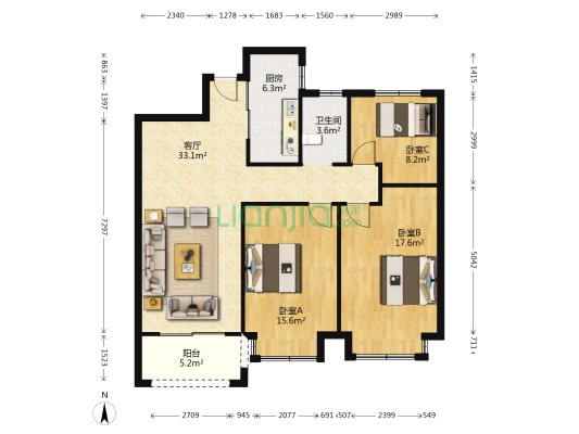 瑶海名门南郡 3室1厅1卫 108平方