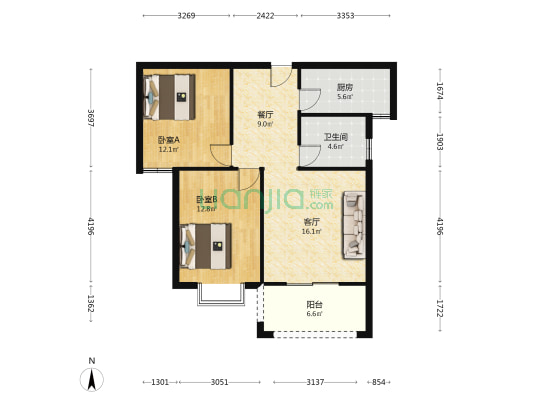 新嘉苑润府 2室2厅1卫 86平方