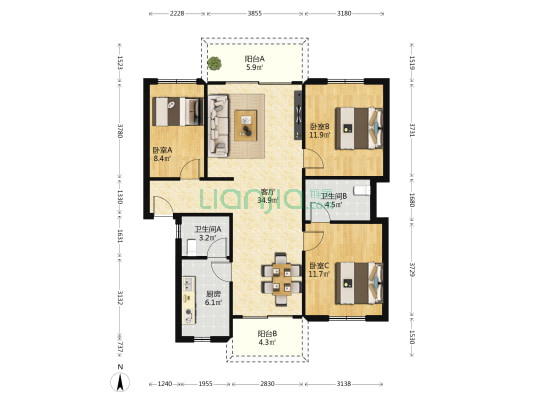 城市花园 3室1厅2卫 104平方