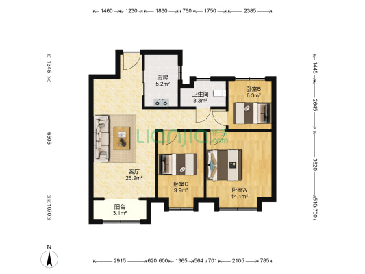华润昆仑御 3室1厅1卫 103平方