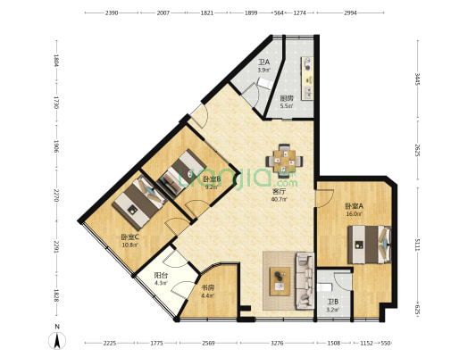 南四街二巷2号小区 4室1厅2卫 91平方