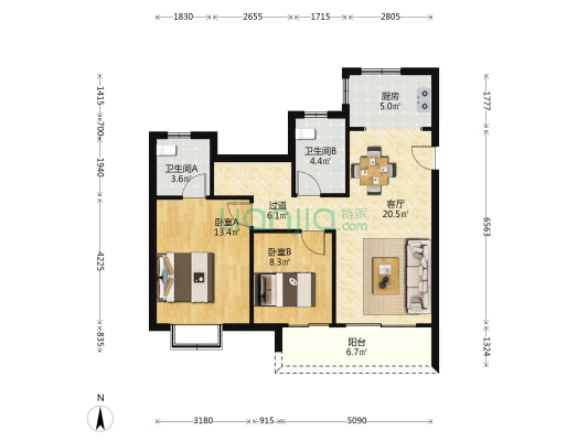 中建河风印月华庭 2室1厅2卫 98平方