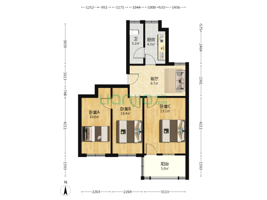 红旗区三片 3室1厅1卫 66平方