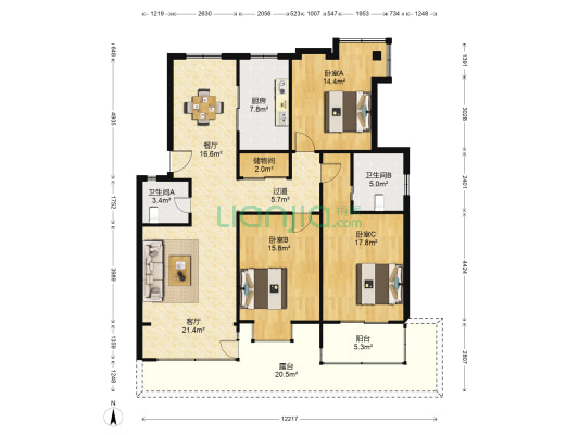 阳光地带 3室2厅2卫 130平方