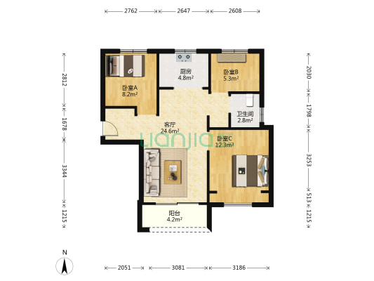 锦艺四季城香颂苑 3室1厅1卫 87平方