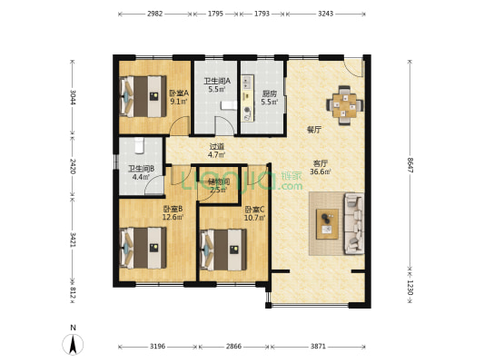 中海寰宇天下天睿 3室1厅2卫 125平方