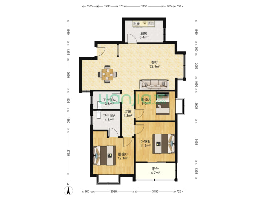 嘉天国际 3室1厅2卫 118平方