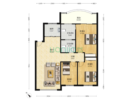 天河馨苑 3室1厅2卫 121平方