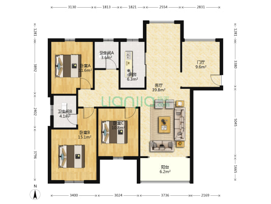 天娇园 3室1厅2卫 135平方