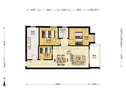 百安轩 3室1厅1卫 78平方