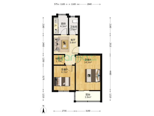 医药公司宿舍 2室1厅1卫 56平方