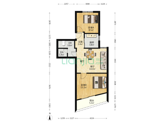 河下园 2室1厅2卫 65平方