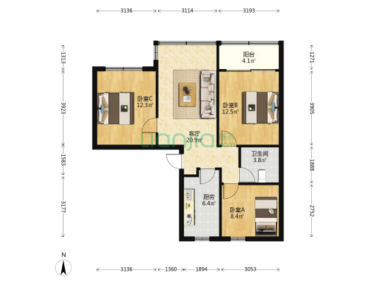 茶园山海员新村 3室1厅1卫 85平方