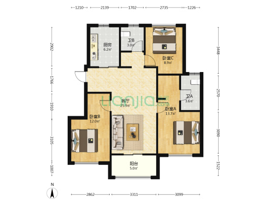 世茂帝封江A区 3室1厅2卫 89平方