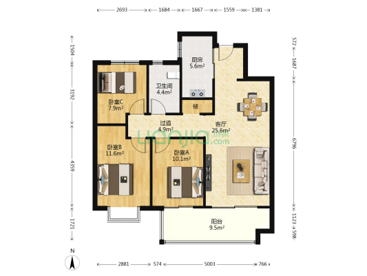 海尔云玺 3室1厅1卫 110平方