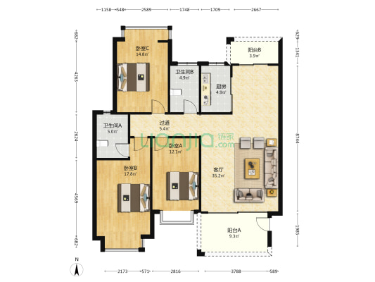 迎宾嘉园 3室1厅2卫 135平方