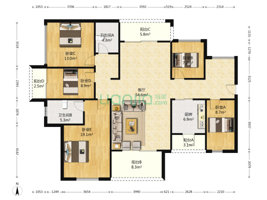 旺东国际广场 5室1厅2卫 145平方