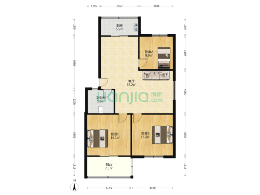 中阳三区 3室1厅1卫 114平方